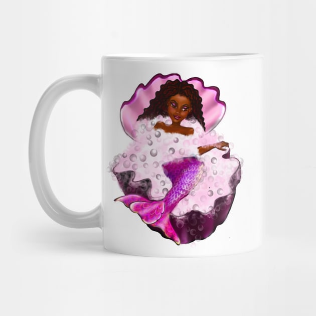 Mermaid spa day in Oyster clam shell 2 - Black anime mermaid in bubble bath. Pretty black girl with Afro hair, green eyes, Cherry pink lips and dark brown skin. Hair love ! by Artonmytee